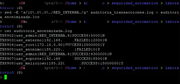 Terminal con un registro de auditoría de seguridad anonimizado